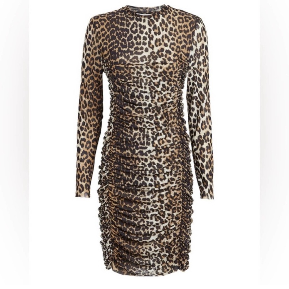 Ganni Leopard Printed Fully Lined Ruched Bodycon Mesh Midi Evening Dress - Picture 5 of 8